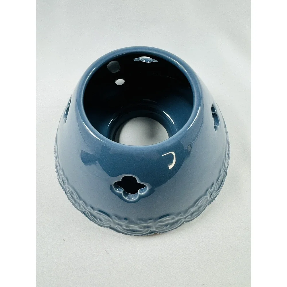 Yankee Candle Blue Ceramic Tart Warmer Lantern Style Cutout Scroll Trim